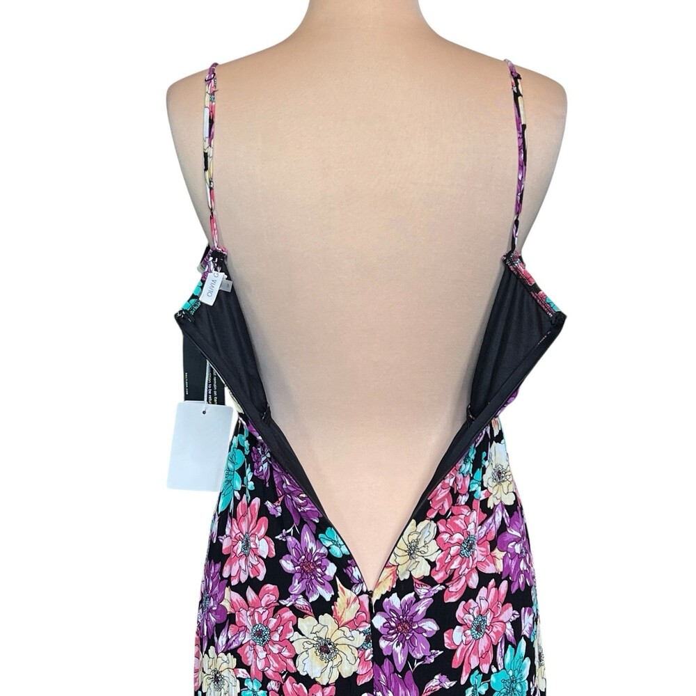 NWT Olivia Grey Floral Maxi Wrap Dress Small Black Pink Purple Ruffle Sleeveless - Picture 7 of 14